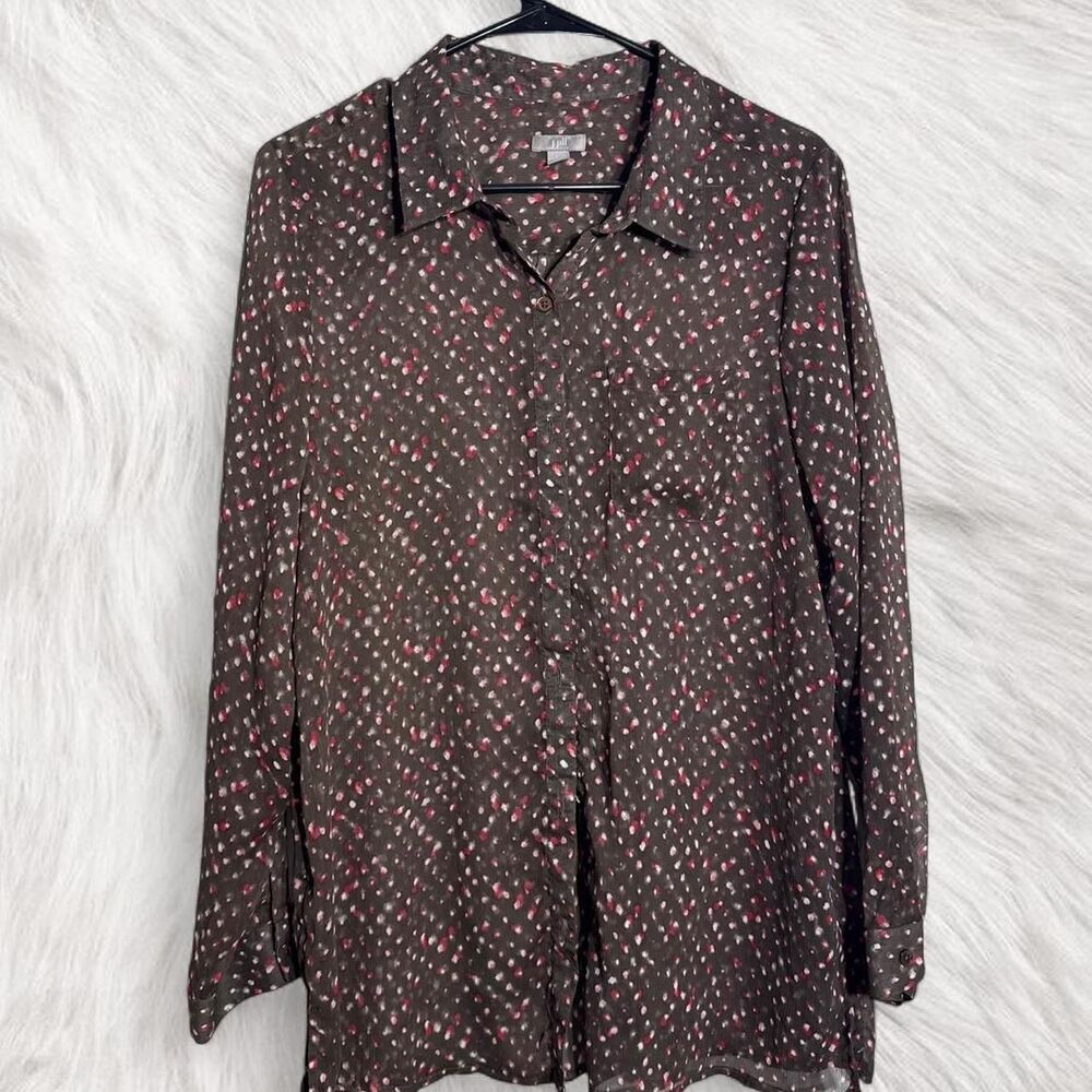 J Jill Brown Sheer Button Down Blouse Office Career Chic Old Money Size L